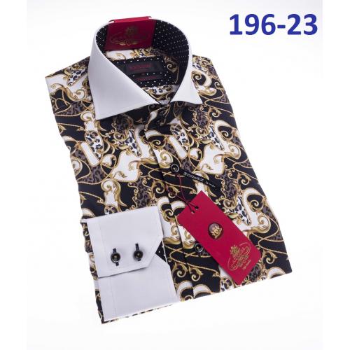 Axxess  White / Black / Gold Artistic Design Cotton Modern Fit Dress Shirt With Button Cuff  196-23.